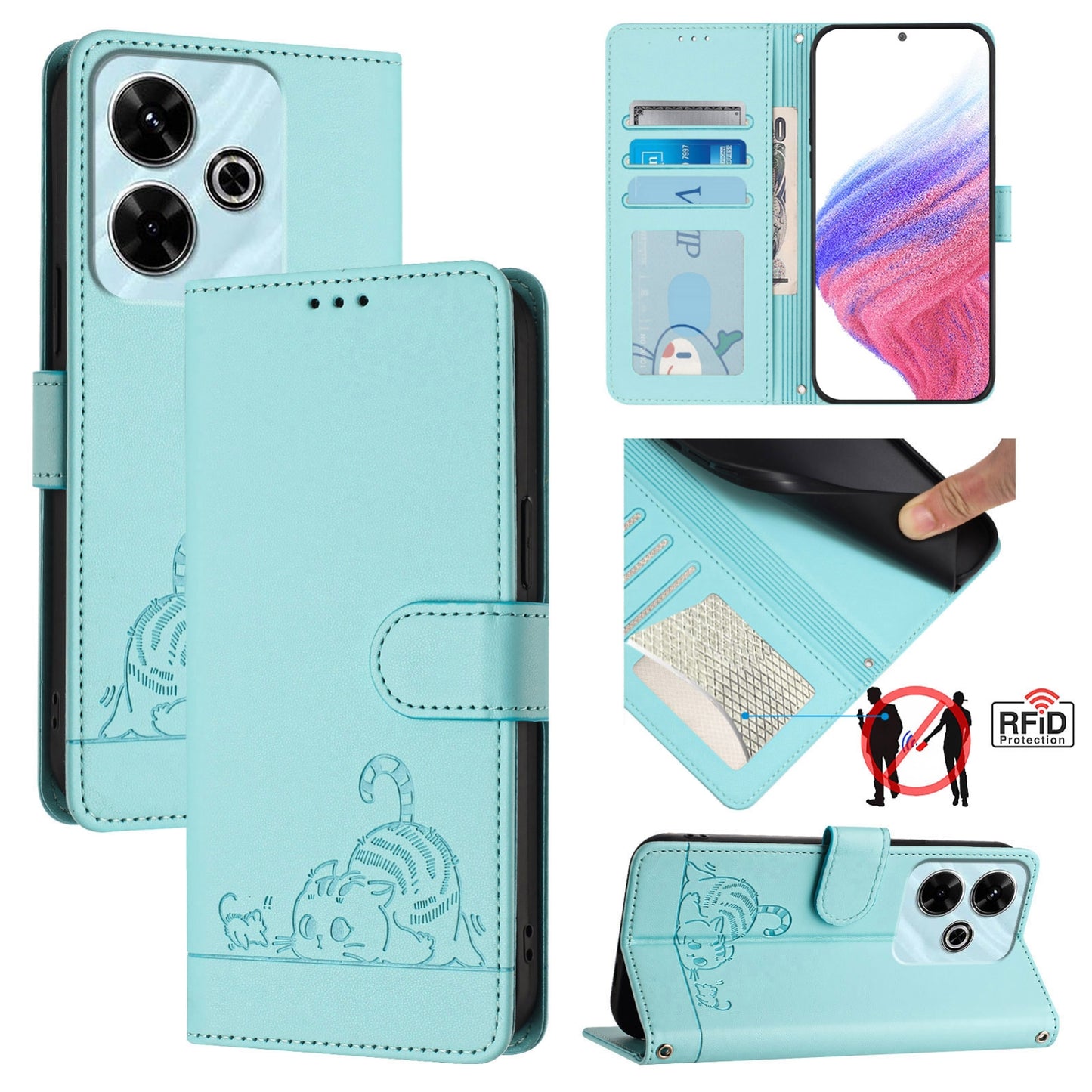 Redmi 13 4G Cat & Rat Embossed RFID Leather Case, Lanyard, Wallet, Card Slots, Kickstand, Anti-Fall, Scratch-Resistant