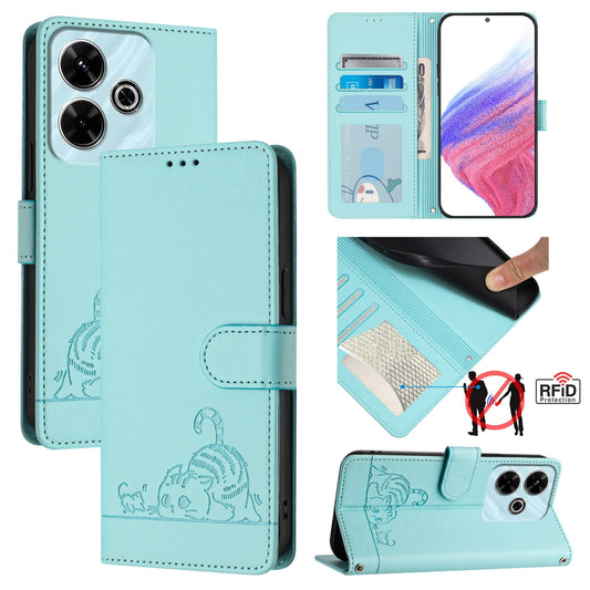 Redmi 13 4G Cat & Rat Embossed RFID Leather Case, Lanyard, Wallet, Card Slots, Kickstand, Anti-Fall, Scratch-Resistant
