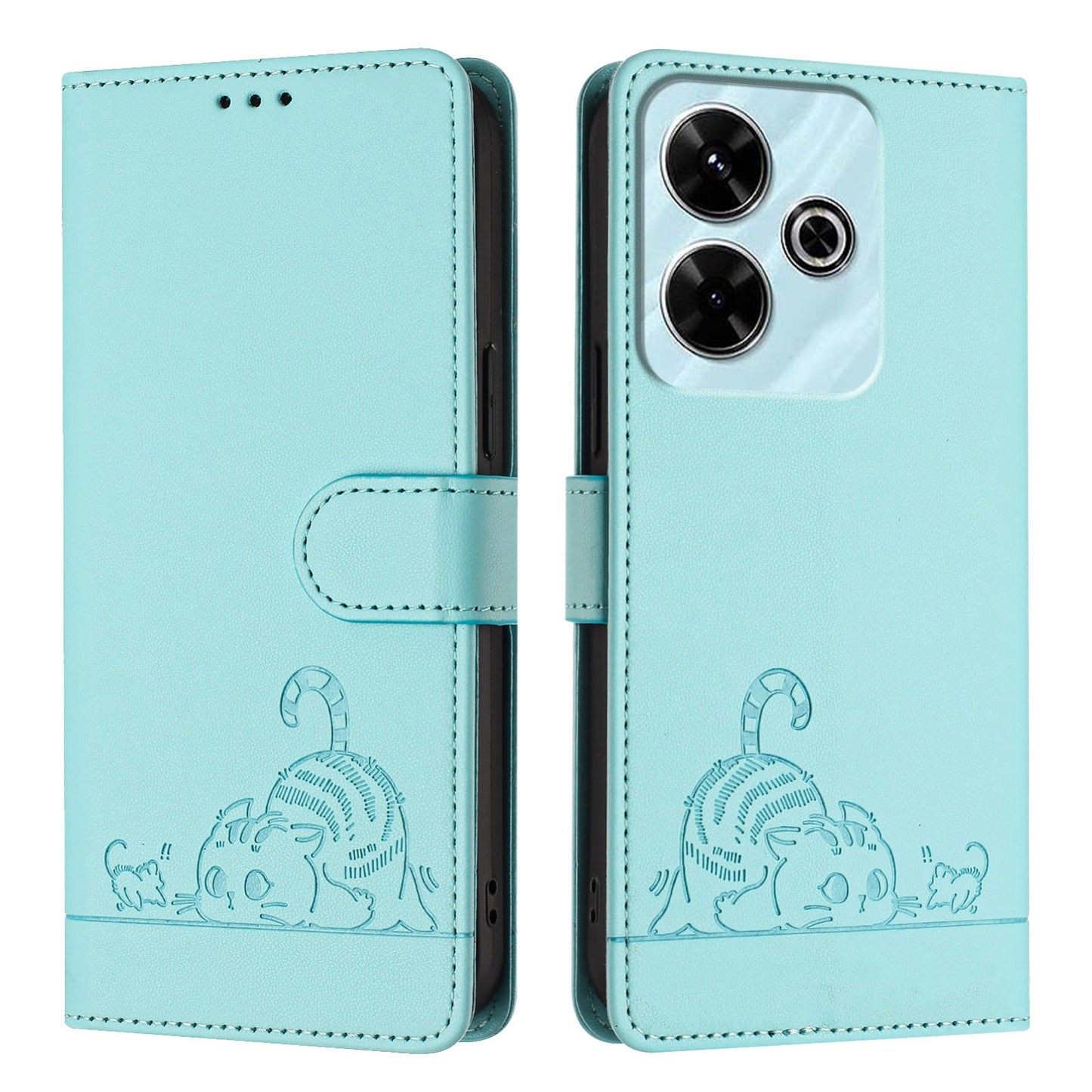 Redmi 13 4G Cat & Rat Embossed RFID Leather Case, Lanyard, Wallet, Card Slots, Kickstand, Anti-Fall, Scratch-Resistant