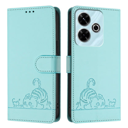 Redmi 13 4G Cat & Rat Embossed RFID Leather Case, Lanyard, Wallet, Card Slots, Kickstand, Anti-Fall, Scratch-Resistant