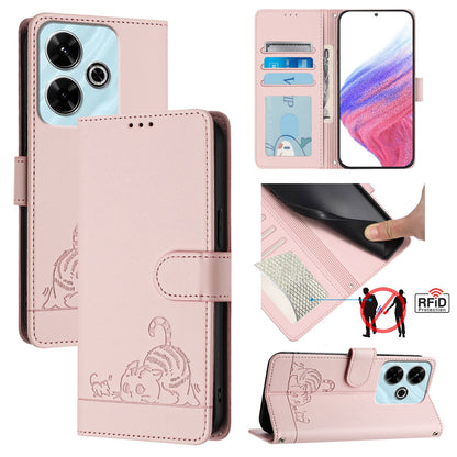 Redmi 13 4G Cat & Rat Embossed RFID Leather Case, Lanyard, Wallet, Card Slots, Kickstand, Anti-Fall, Scratch-Resistant