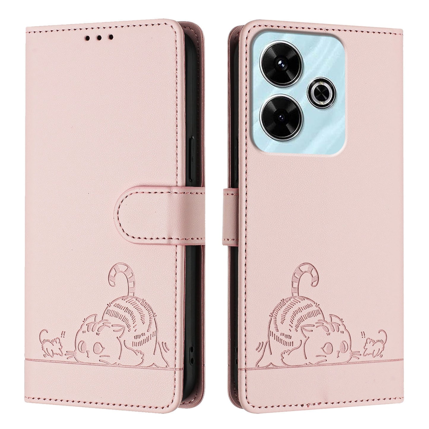 Redmi 13 4G Cat & Rat Embossed RFID Leather Case, Lanyard, Wallet, Card Slots, Kickstand, Anti-Fall, Scratch-Resistant