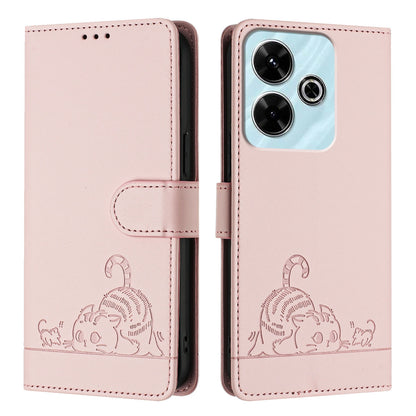 Redmi 13 4G Cat & Rat Embossed RFID Leather Case, Lanyard, Wallet, Card Slots, Kickstand, Anti-Fall, Scratch-Resistant
