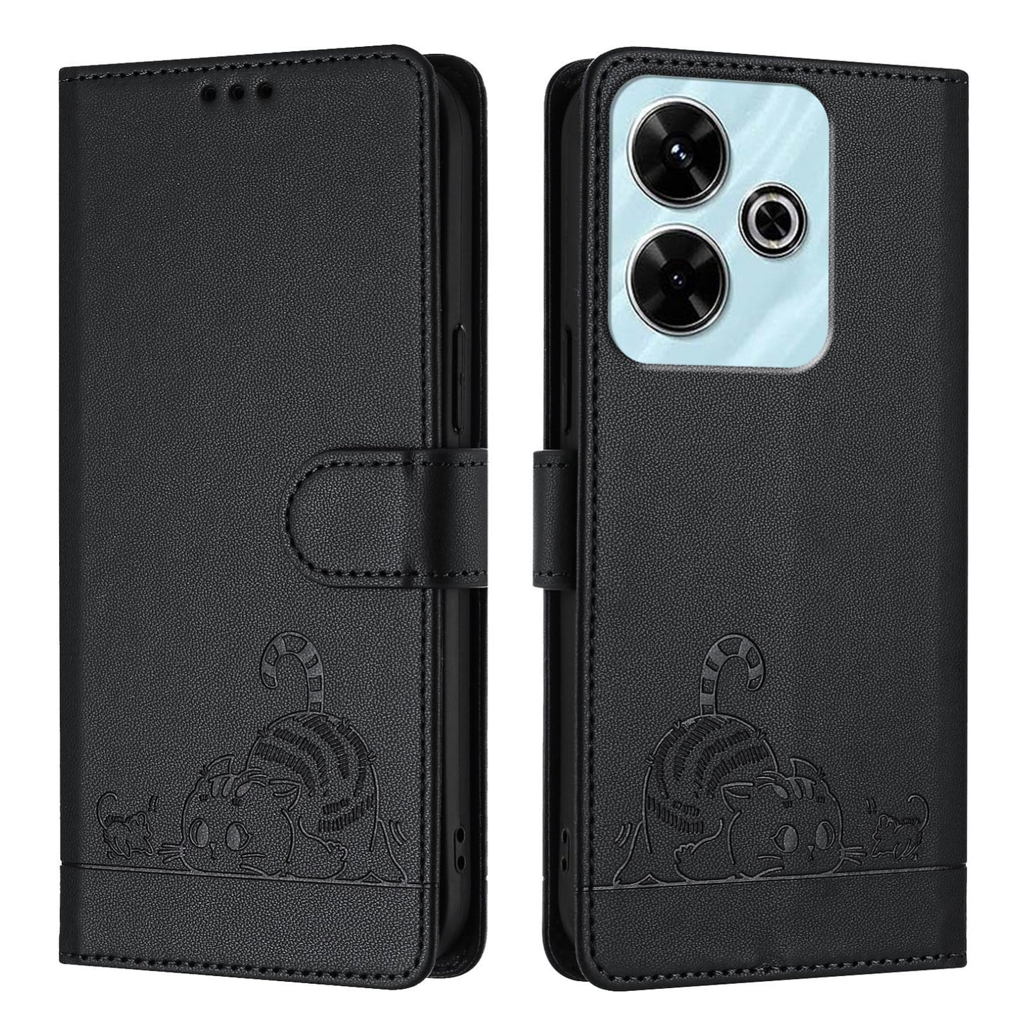 Redmi 13 4G Cat & Rat Embossed RFID Leather Case, Lanyard, Wallet, Card Slots, Kickstand, Anti-Fall, Scratch-Resistant