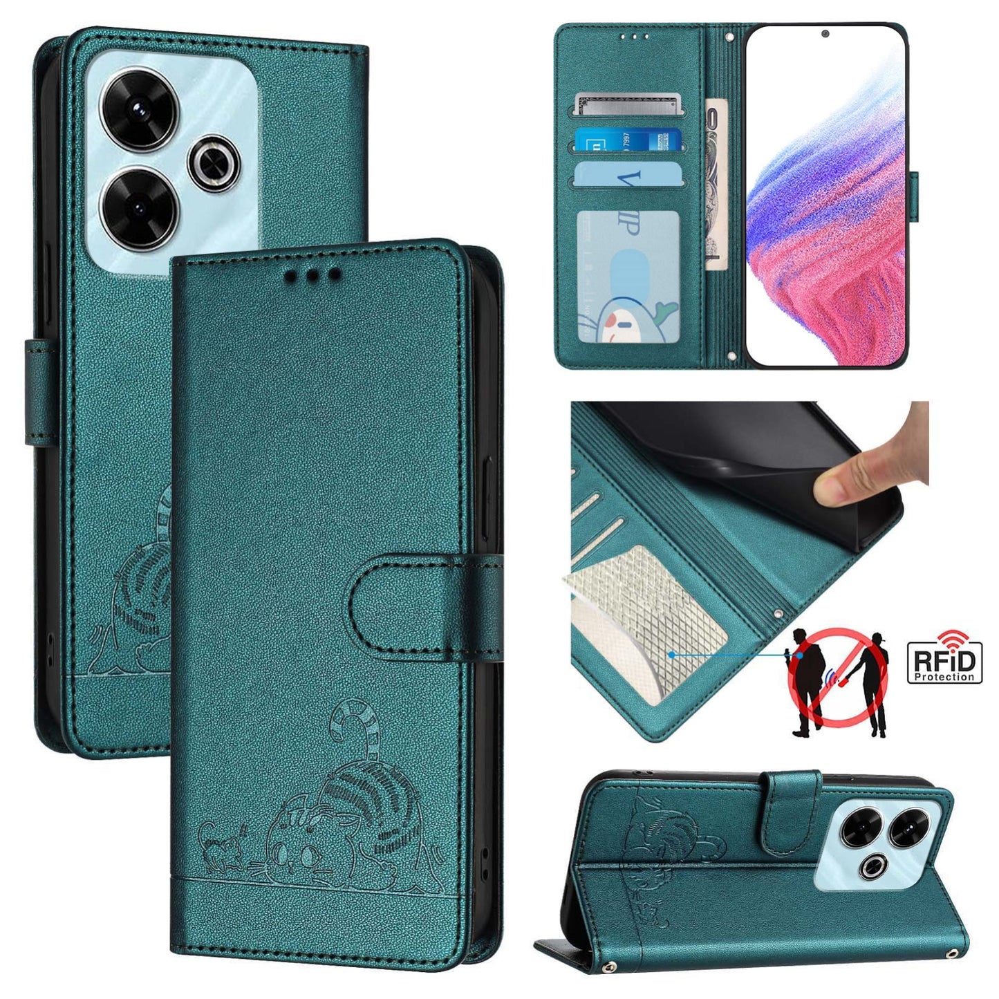 Redmi 13 4G Cat & Rat Embossed RFID Leather Case, Lanyard, Wallet, Card Slots, Kickstand, Anti-Fall, Scratch-Resistant