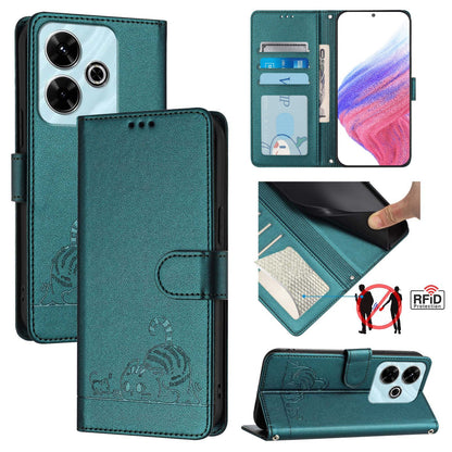 Redmi 13 4G Cat & Rat Embossed RFID Leather Case, Lanyard, Wallet, Card Slots, Kickstand, Anti-Fall, Scratch-Resistant