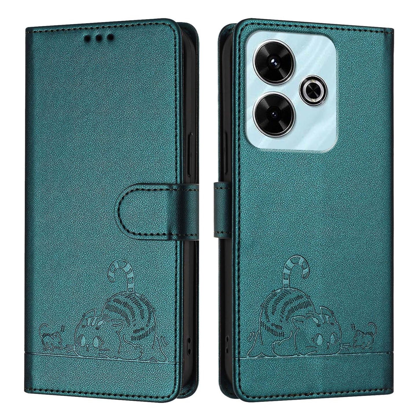 Redmi 13 4G Cat & Rat Embossed RFID Leather Case, Lanyard, Wallet, Card Slots, Kickstand, Anti-Fall, Scratch-Resistant