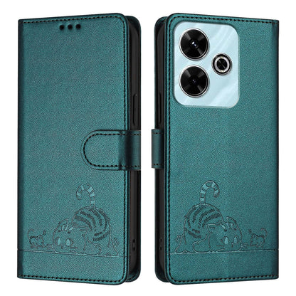 Redmi 13 4G Cat & Rat Embossed RFID Leather Case, Lanyard, Wallet, Card Slots, Kickstand, Anti-Fall, Scratch-Resistant