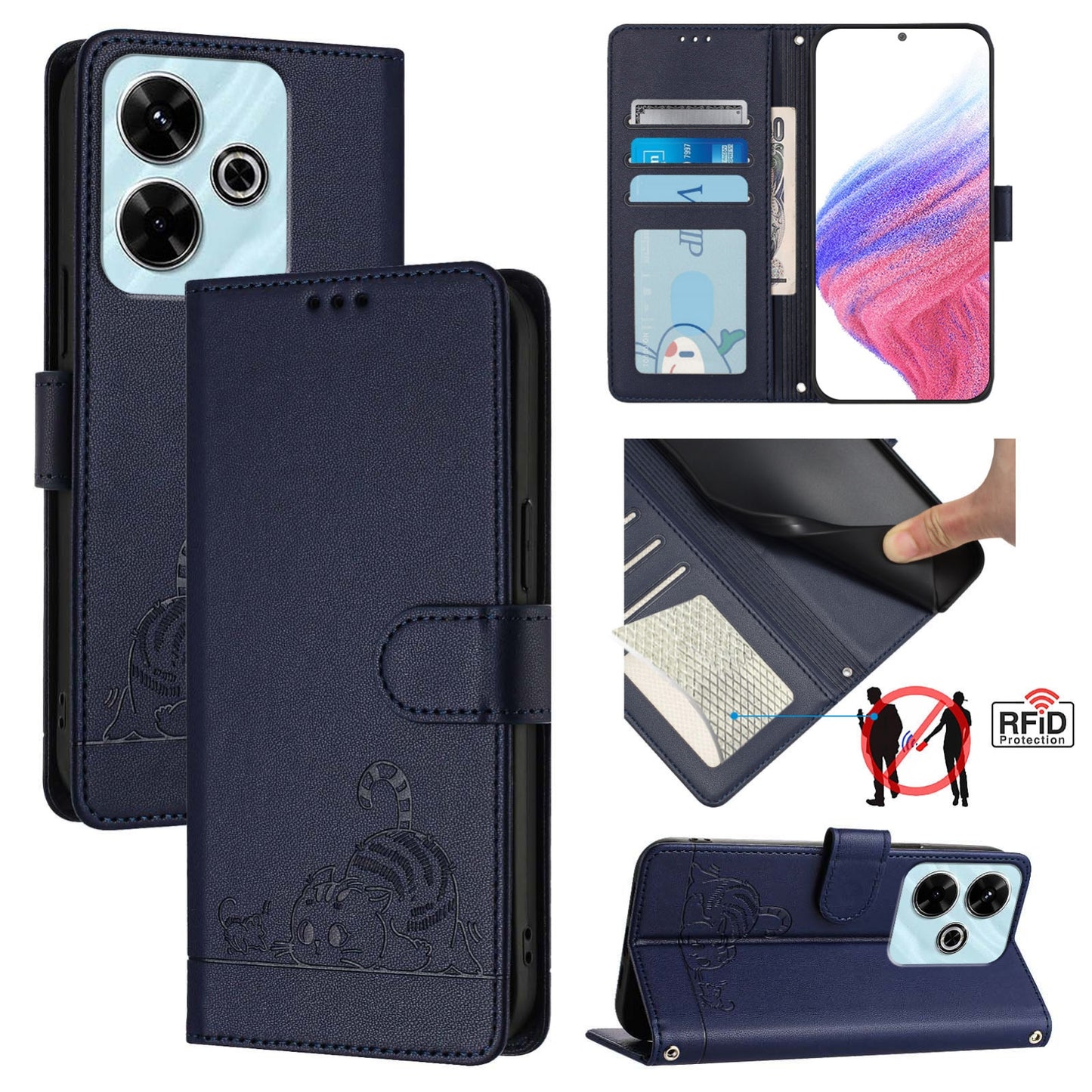 Redmi 13 4G Cat & Rat Embossed RFID Leather Case, Lanyard, Wallet, Card Slots, Kickstand, Anti-Fall, Scratch-Resistant