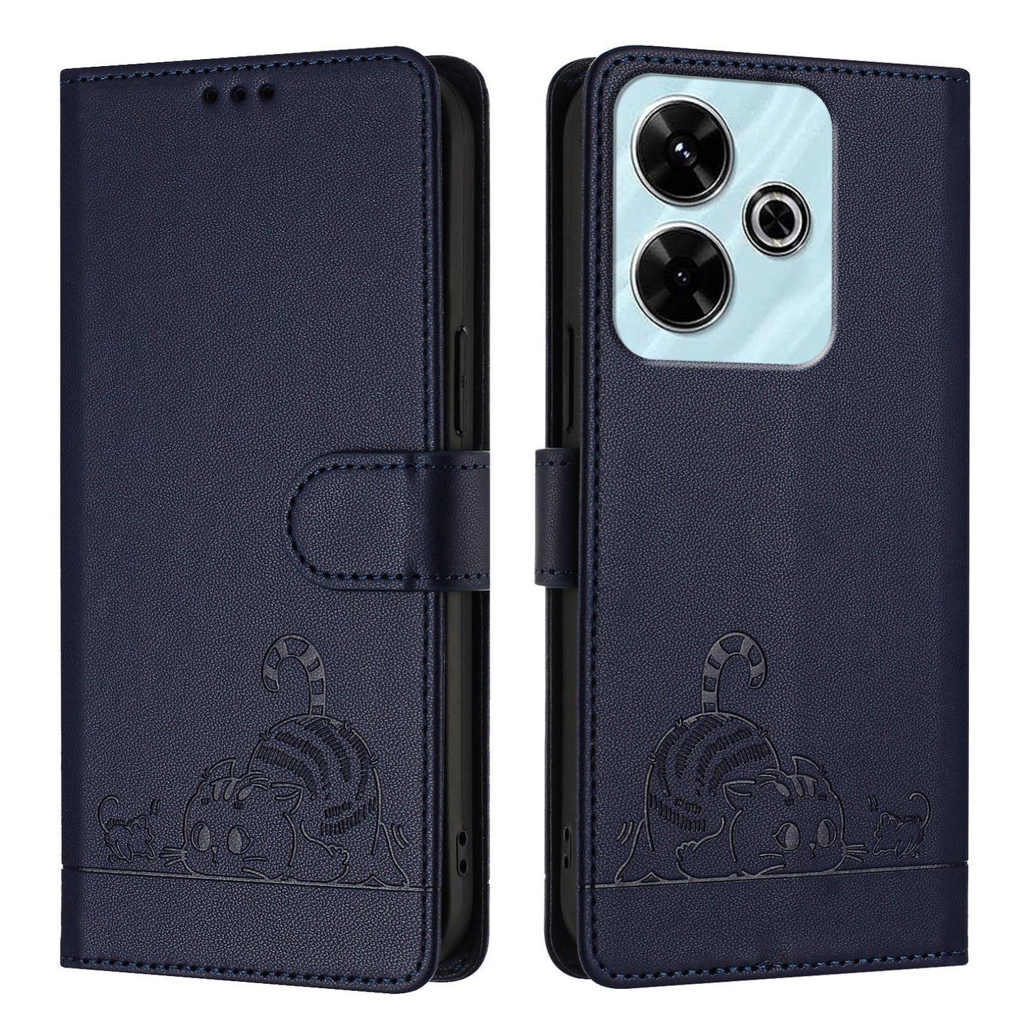 Redmi 13 4G Cat & Rat Embossed RFID Leather Case, Lanyard, Wallet, Card Slots, Kickstand, Anti-Fall, Scratch-Resistant