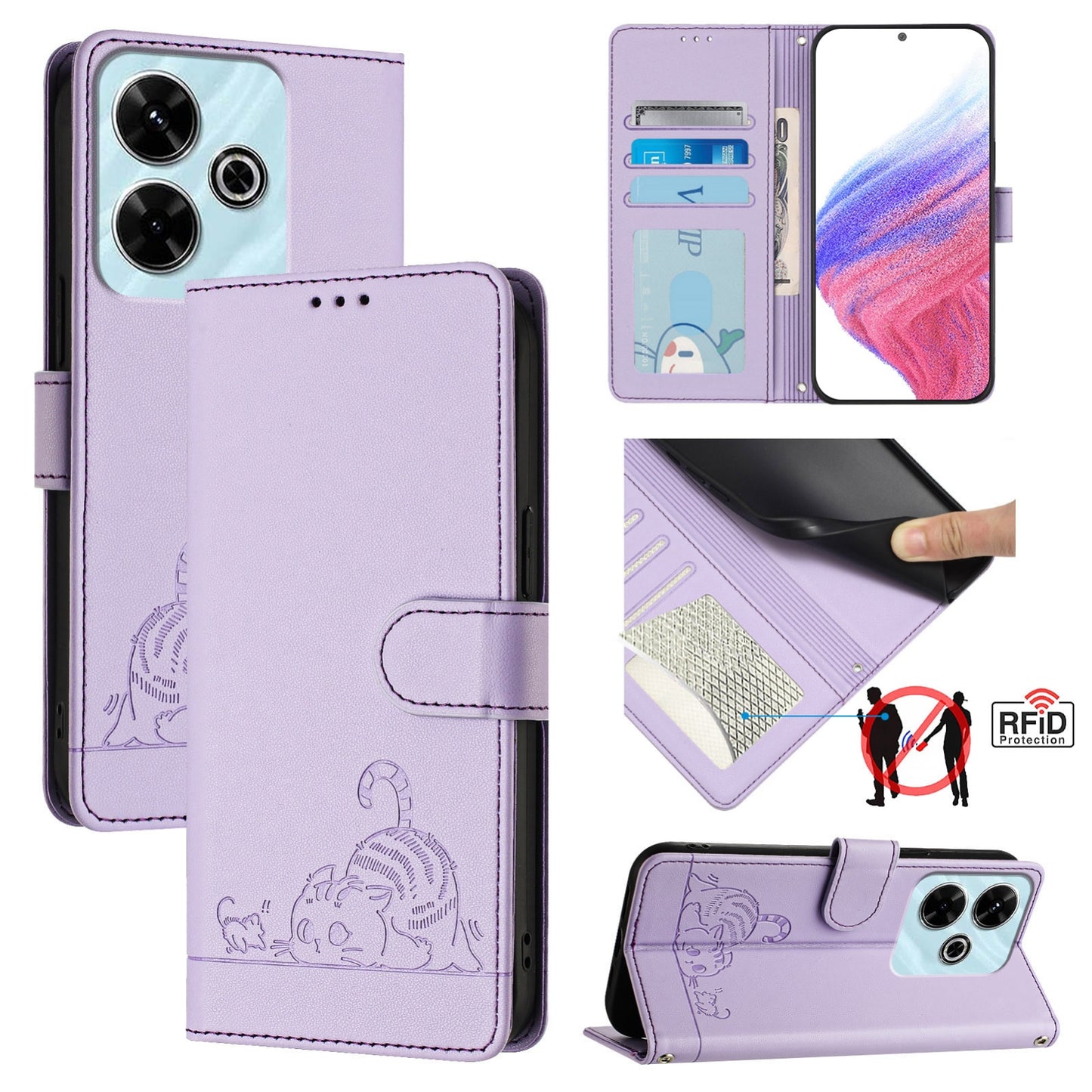 Redmi 13 4G Cat & Rat Embossed RFID Leather Case, Lanyard, Wallet, Card Slots, Kickstand, Anti-Fall, Scratch-Resistant