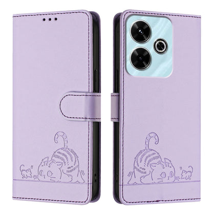 Redmi 13 4G Cat & Rat Embossed RFID Leather Case, Lanyard, Wallet, Card Slots, Kickstand, Anti-Fall, Scratch-Resistant