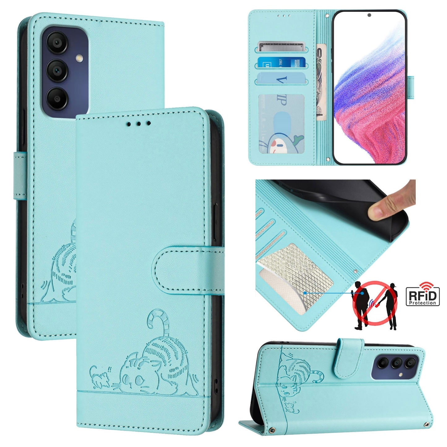 Samsung Galaxy A16 5G Cat & Rat Embossed RFID Leather Case, Lanyard, Wallet, Card Slots, Kickstand, Anti-Fall, Scratch-Resistant