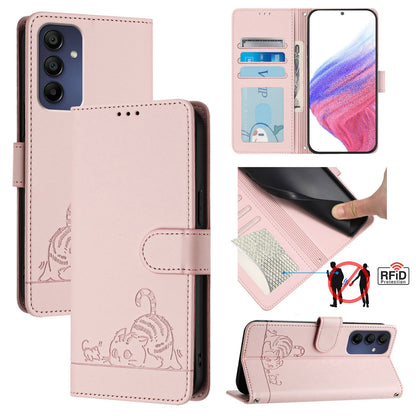 Samsung Galaxy A16 5G Cat & Rat Embossed RFID Leather Case, Lanyard, Wallet, Card Slots, Kickstand, Anti-Fall, Scratch-Resistant