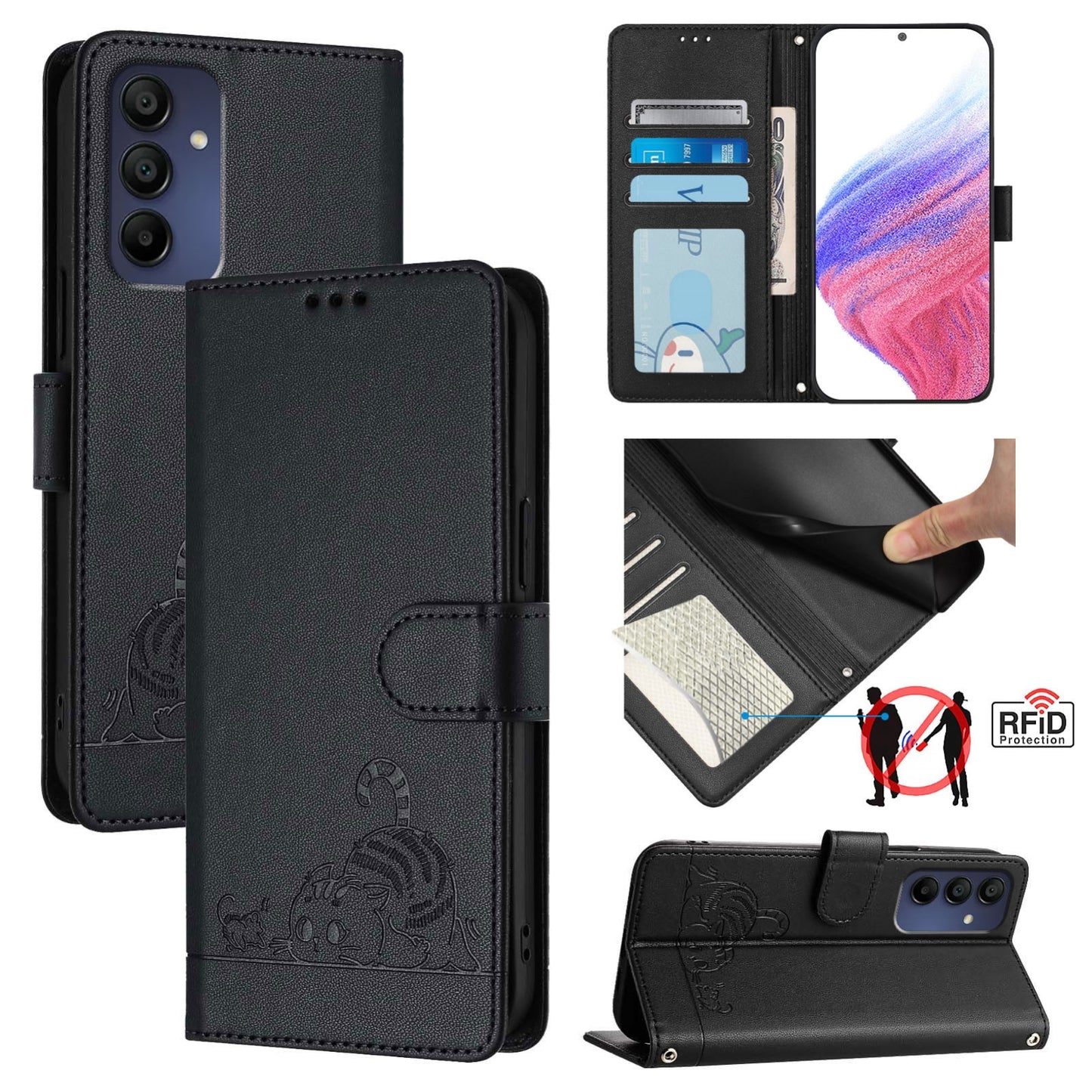 Samsung Galaxy A16 5G Cat & Rat Embossed RFID Leather Case, Lanyard, Wallet, Card Slots, Kickstand, Anti-Fall, Scratch-Resistant
