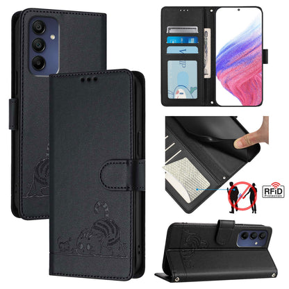 Samsung Galaxy A16 5G Cat & Rat Embossed RFID Leather Case, Lanyard, Wallet, Card Slots, Kickstand, Anti-Fall, Scratch-Resistant