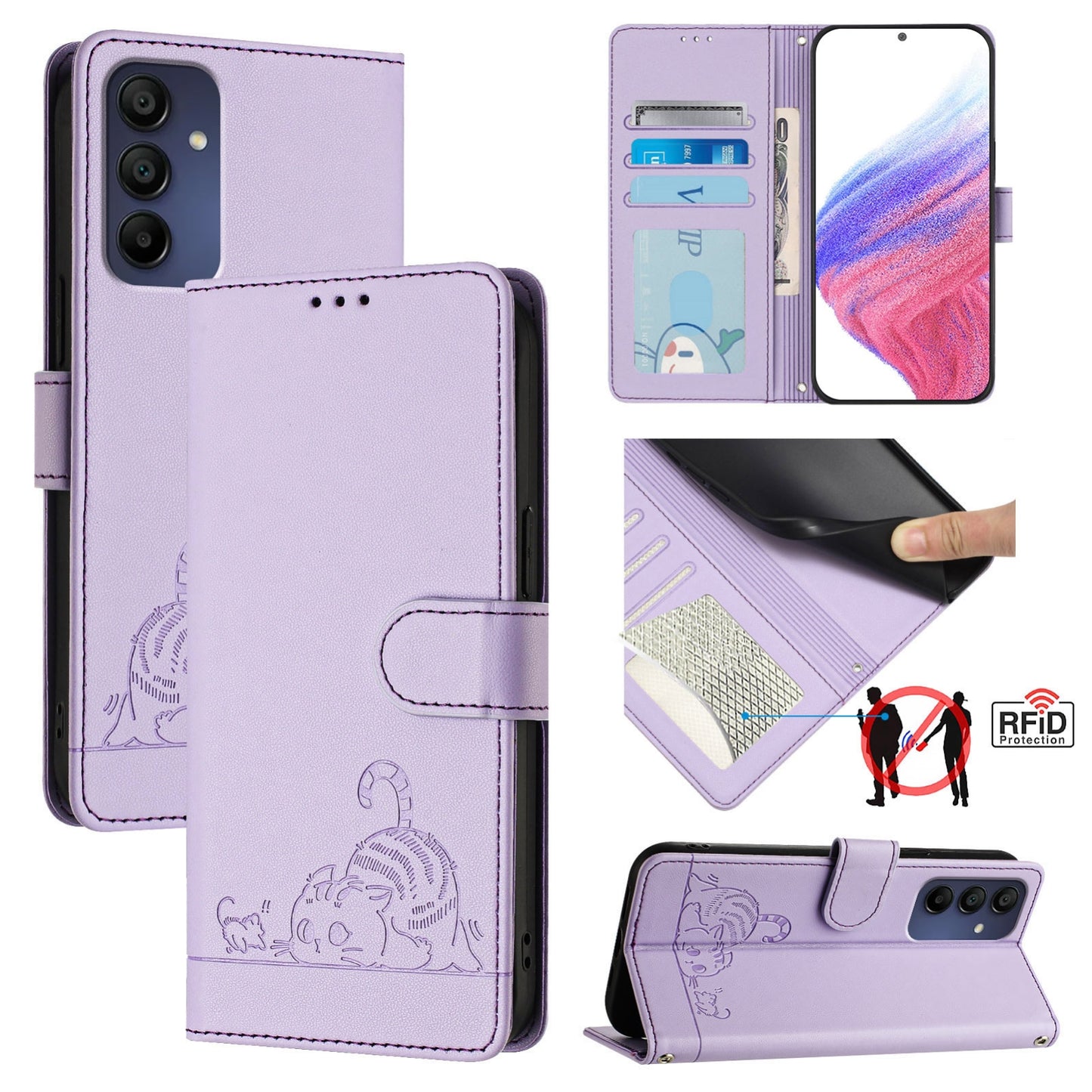 Samsung Galaxy A16 5G Cat & Rat Embossed RFID Leather Case, Lanyard, Wallet, Card Slots, Kickstand, Anti-Fall, Scratch-Resistant