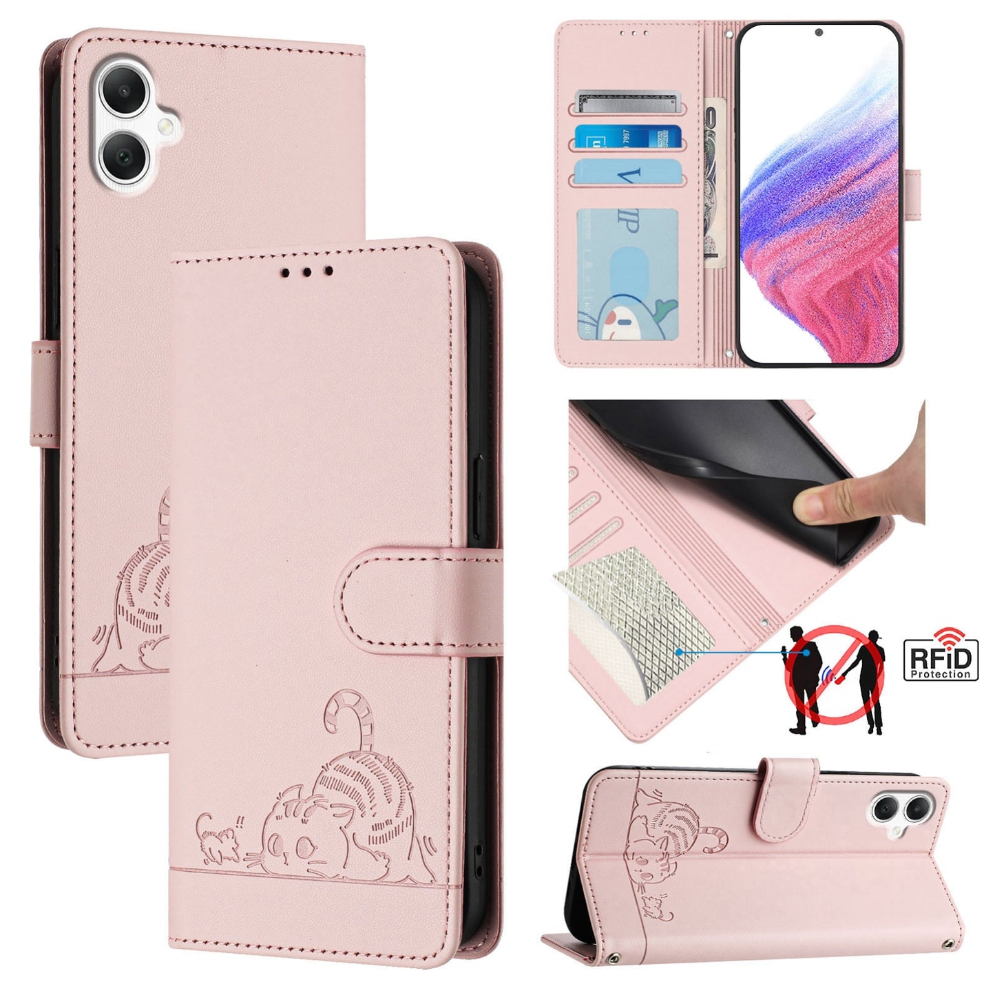 Samsung Galaxy A06 4G Cat & Rat Embossed RFID Leather Case, Lanyard, Wallet, Card Slots, Kickstand, Anti-Fall, Scratch-Resistant