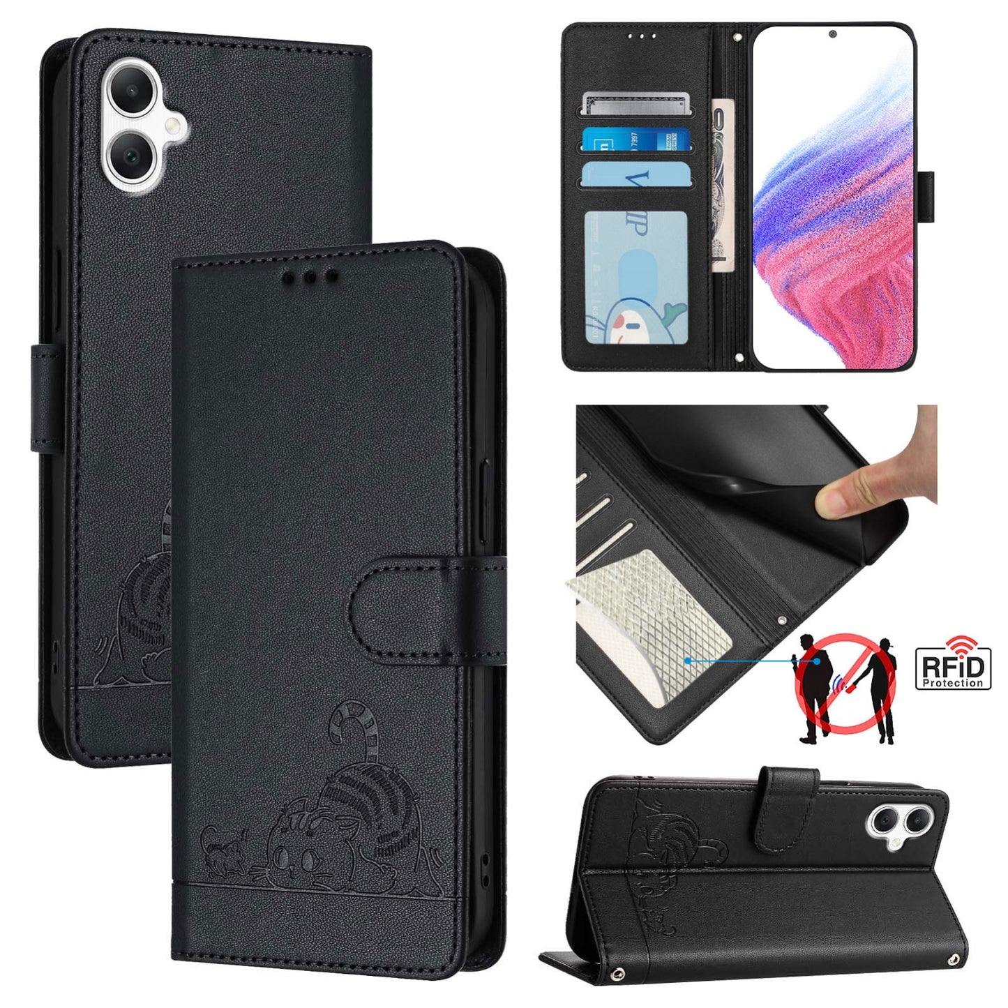 Samsung Galaxy A06 4G Cat & Rat Embossed RFID Leather Case, Lanyard, Wallet, Card Slots, Kickstand, Anti-Fall, Scratch-Resistant