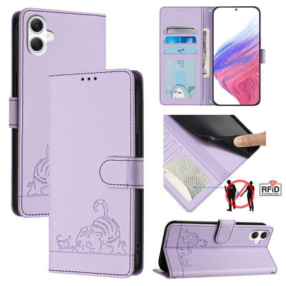 Samsung Galaxy A06 4G Cat & Rat Embossed RFID Leather Case, Lanyard, Wallet, Card Slots, Kickstand, Anti-Fall, Scratch-Resistant