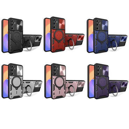 Samsung Galaxy M35 Magnetic Holder CD Texture Sliding Camshield Phone Case, TPU PC Shockproof Cover