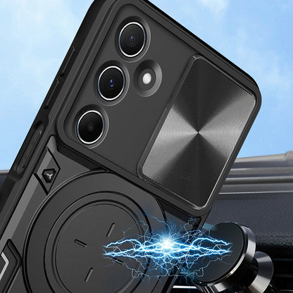 Samsung Galaxy M35 Magnetic Holder CD Texture Sliding Camshield Phone Case, TPU PC Shockproof Cover