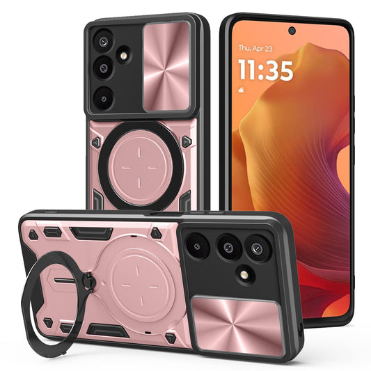 Samsung Galaxy M16 5G Magnetic Holder CD Texture Sliding Camshield Phone Case, TPU PC Shockproof Cover