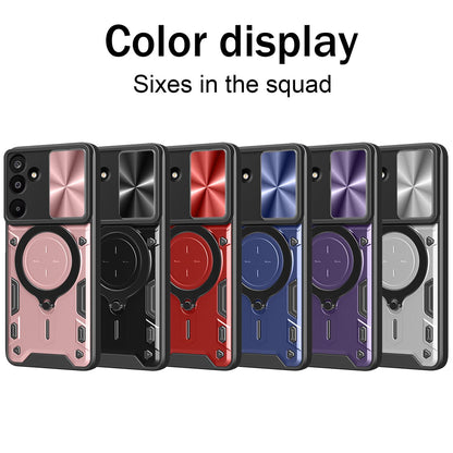 Samsung Galaxy M16 5G Magnetic Holder CD Texture Sliding Camshield Phone Case, TPU PC Shockproof Cover