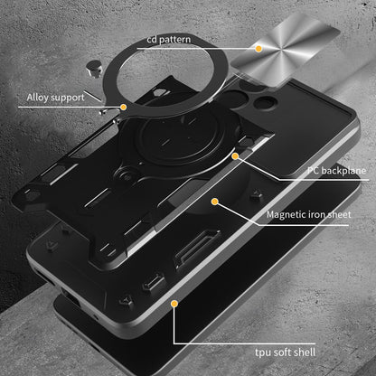 Samsung Galaxy M16 5G Magnetic Holder CD Texture Sliding Camshield Phone Case, TPU PC Shockproof Cover