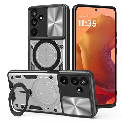 Samsung Galaxy M16 5G Magnetic Holder CD Texture Sliding Camshield Phone Case, TPU PC Shockproof Cover