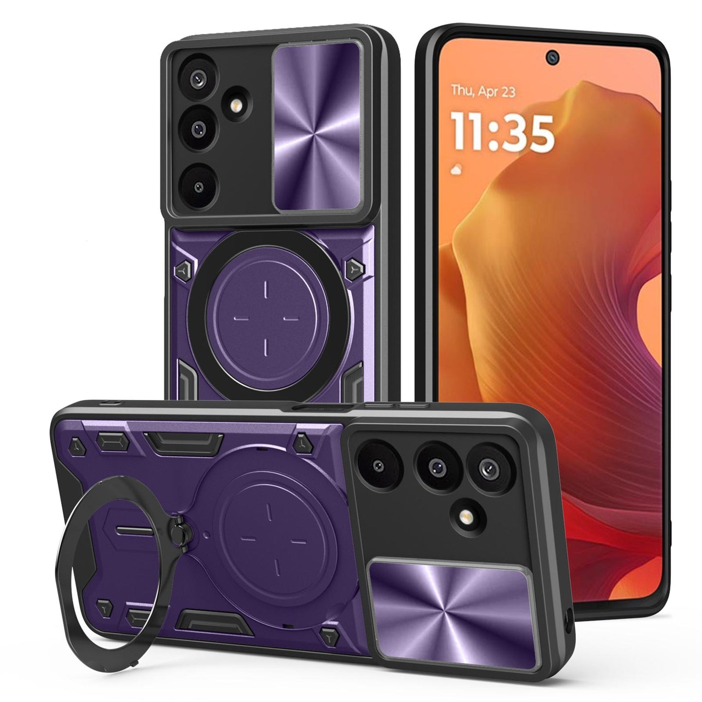 Samsung Galaxy M16 5G Magnetic Holder CD Texture Sliding Camshield Phone Case, TPU PC Shockproof Cover
