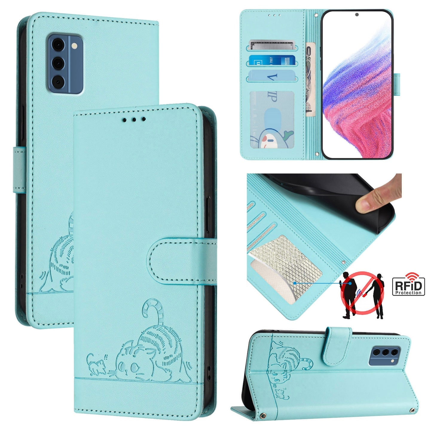 Nokia C300 Cat & Rat Embossed RFID Leather Case, Lanyard, Wallet, Card Slots, Kickstand, Anti-Fall, Scratch-Resistant