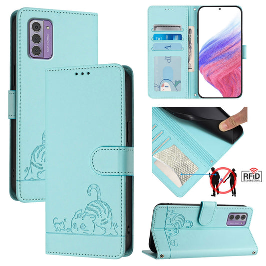 Nokia G42 Cat & Rat Embossed RFID Leather Case, Lanyard, Wallet, Card Slots, Kickstand, Anti-Fall, Scratch-Resistant