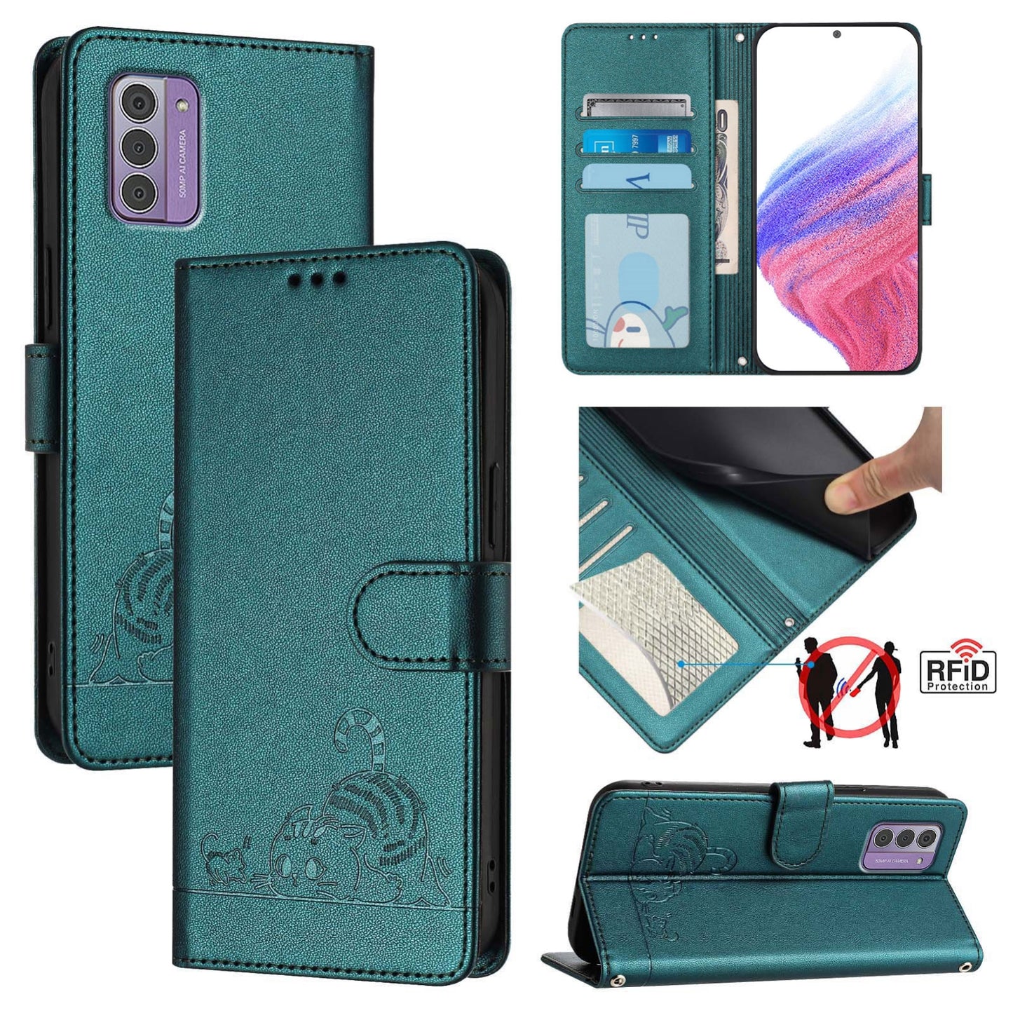 Nokia G310 Cat & Rat Embossed RFID Leather Case, Lanyard, Wallet, Card Slots, Kickstand, Anti-Fall, Scratch-Resistant