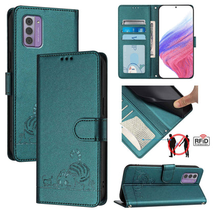 Nokia G310 Cat & Rat Embossed RFID Leather Case, Lanyard, Wallet, Card Slots, Kickstand, Anti-Fall, Scratch-Resistant