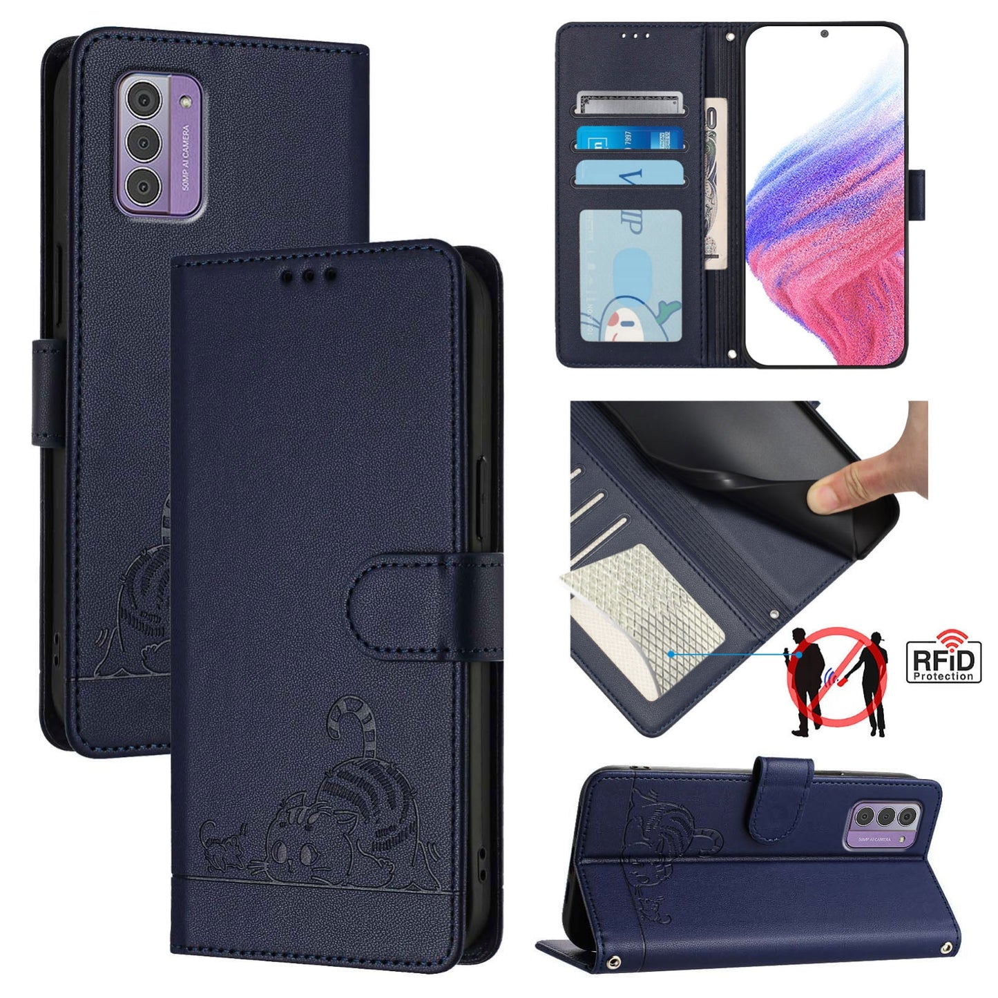 Nokia G310 Cat & Rat Embossed RFID Leather Case, Lanyard, Wallet, Card Slots, Kickstand, Anti-Fall, Scratch-Resistant