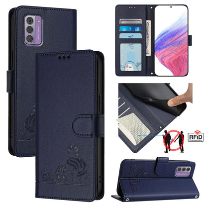 Nokia G310 Cat & Rat Embossed RFID Leather Case, Lanyard, Wallet, Card Slots, Kickstand, Anti-Fall, Scratch-Resistant