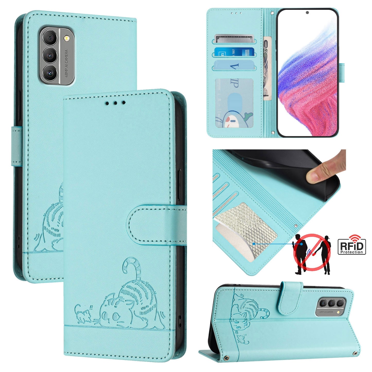 Nokia G400 Cat & Rat Embossed RFID Leather Case, Lanyard, Wallet, Card Slots, Kickstand, Anti-Fall, Scratch-Resistant
