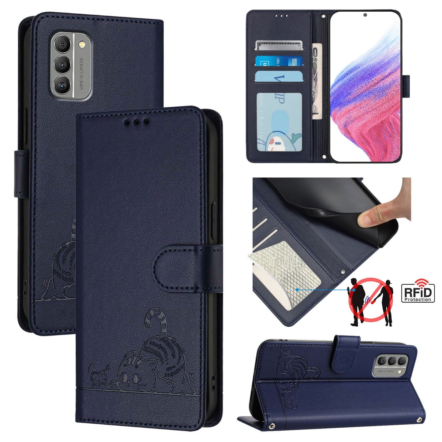 Nokia G400 Cat & Rat Embossed RFID Leather Case, Lanyard, Wallet, Card Slots, Kickstand, Anti-Fall, Scratch-Resistant