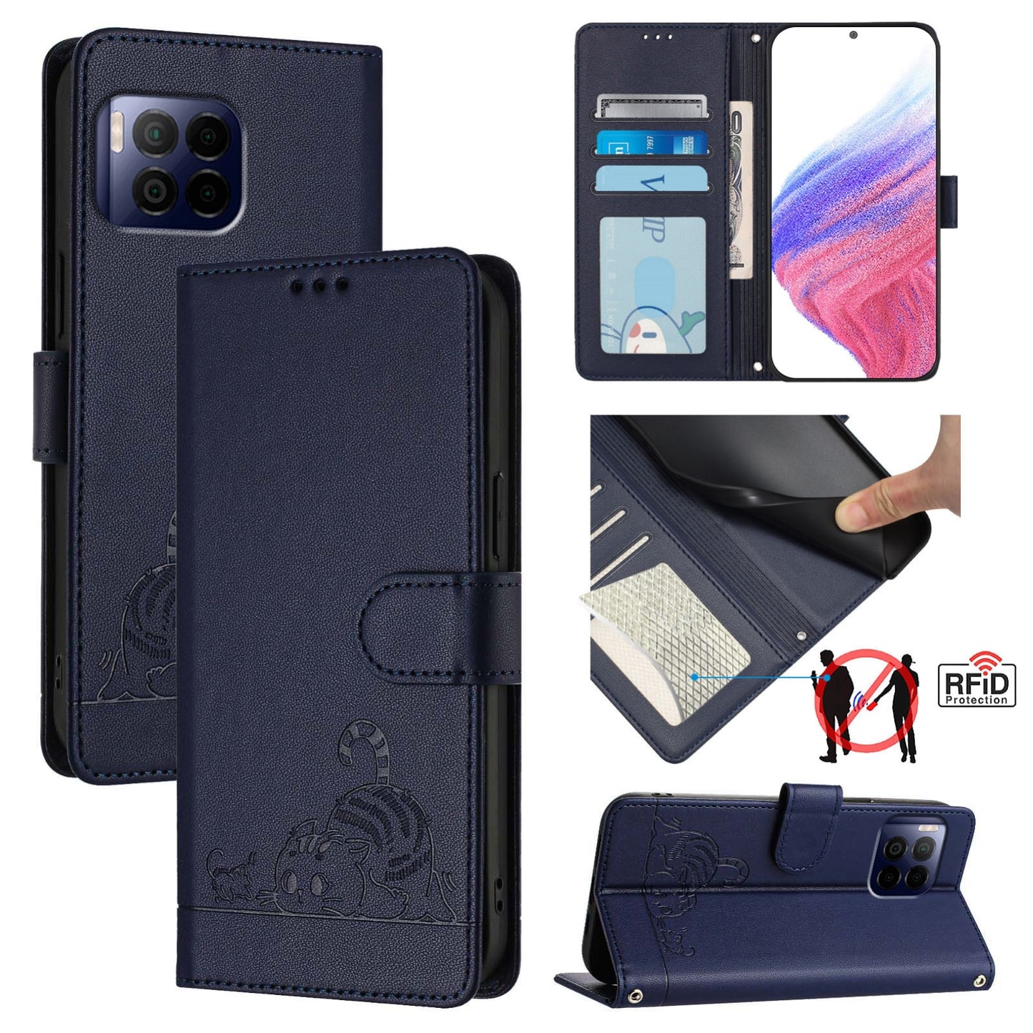 T-Mobile REVVL 7 Pro 5G Cat & Rat Embossed RFID Leather Case, Lanyard, Wallet, Card Slots, Kickstand, Anti-Fall, Scratch-Resistant