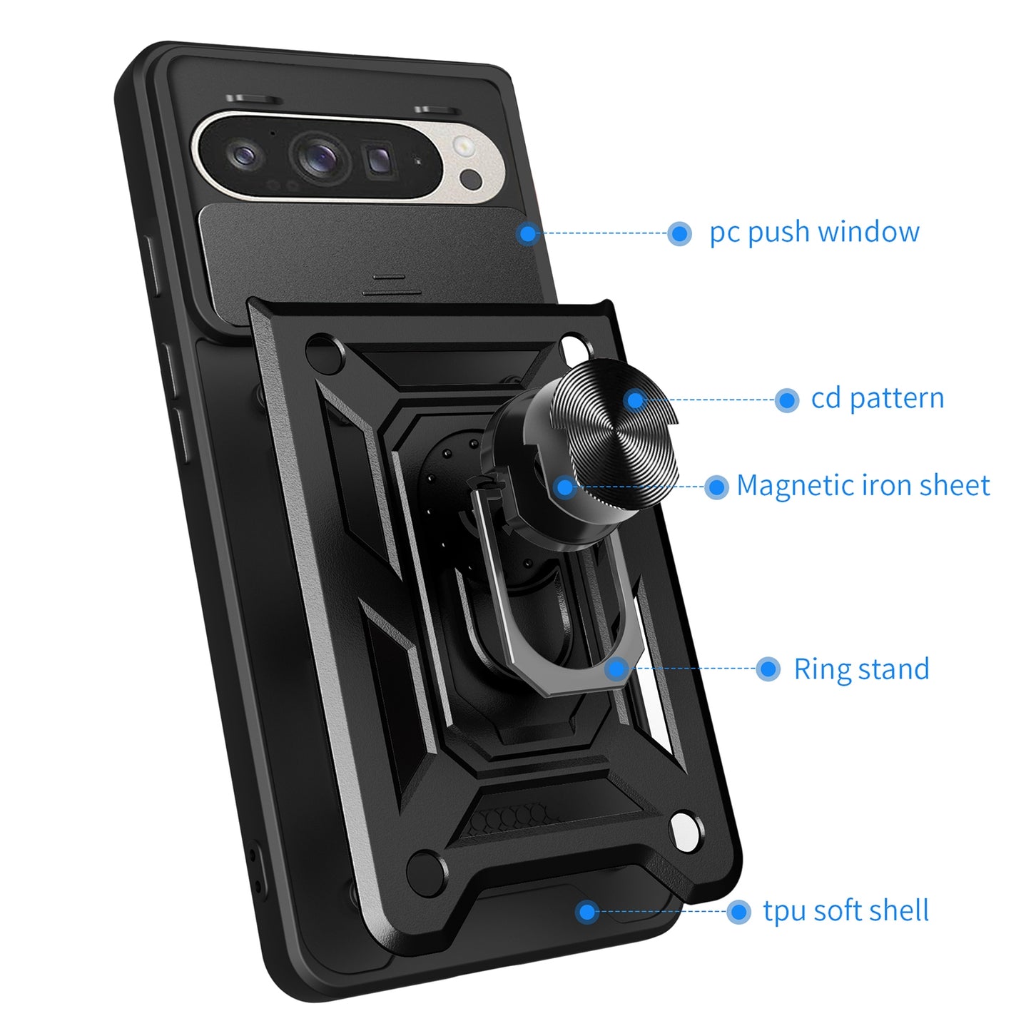 Google Pixel 9 Pro Sliding Camera Cover Magnetic Ring Stand Shockproof TPU + PC Protective Phone Case