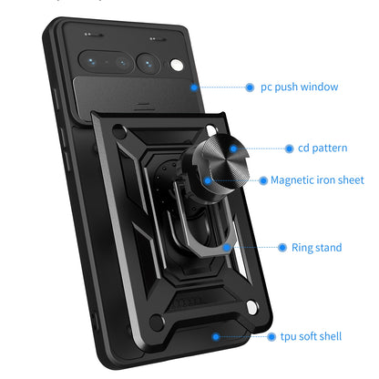 Google Pixel 7 Pro 5G Sliding Camera Cover Magnetic Ring Stand Shockproof TPU + PC Protective Phone Case