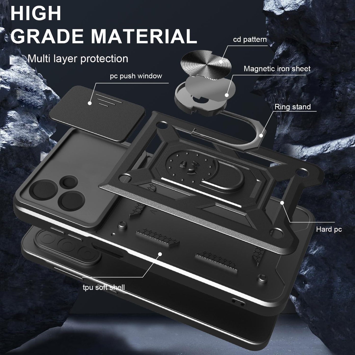 Samsung Galaxy M06 5G Sliding Camera Cover Magnetic Ring Stand Shockproof TPU + PC Protective Phone Case