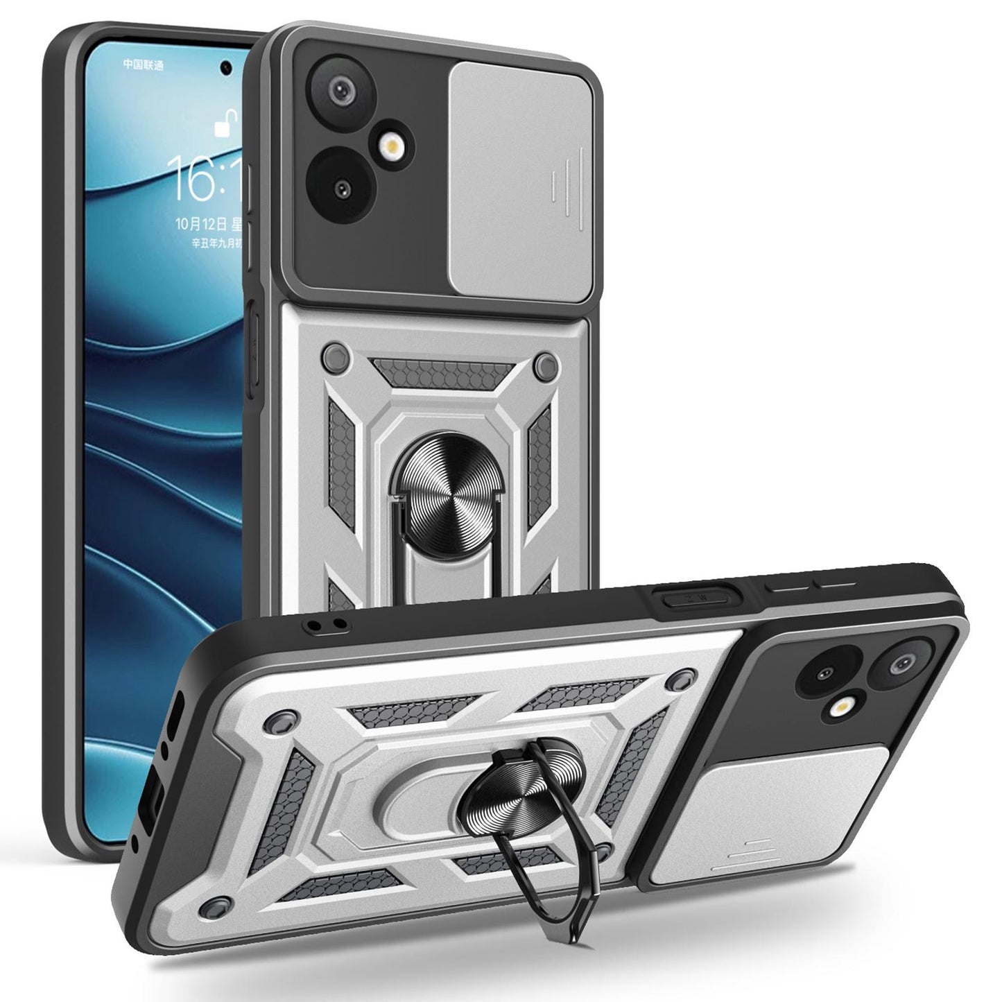Samsung Galaxy M06 5G Sliding Camera Cover Magnetic Ring Stand Shockproof TPU + PC Protective Phone Case