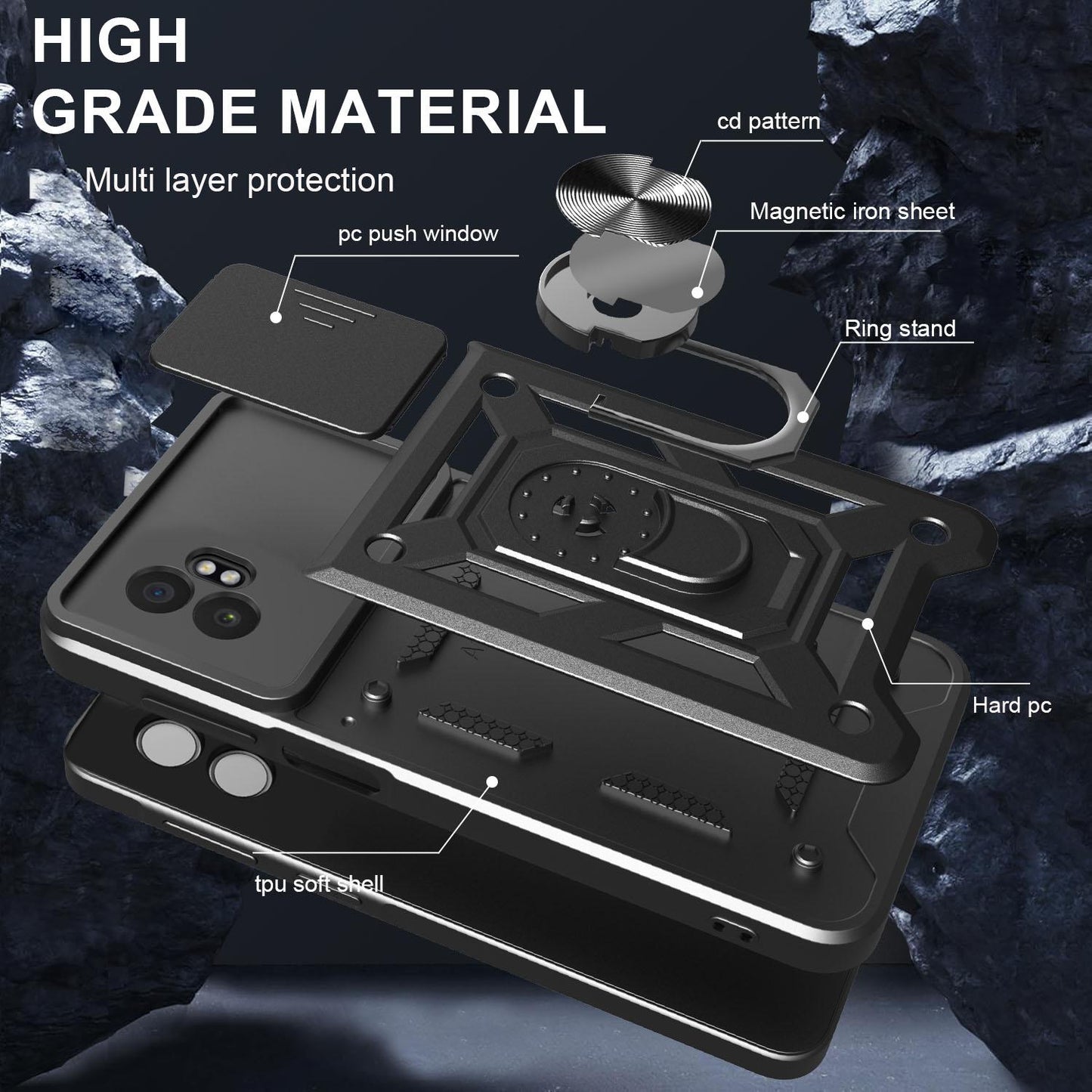 Samsung Galaxy XCover7 Pro Sliding Camera Cover Magnetic Ring Stand Shockproof TPU + PC Protective Phone Case
