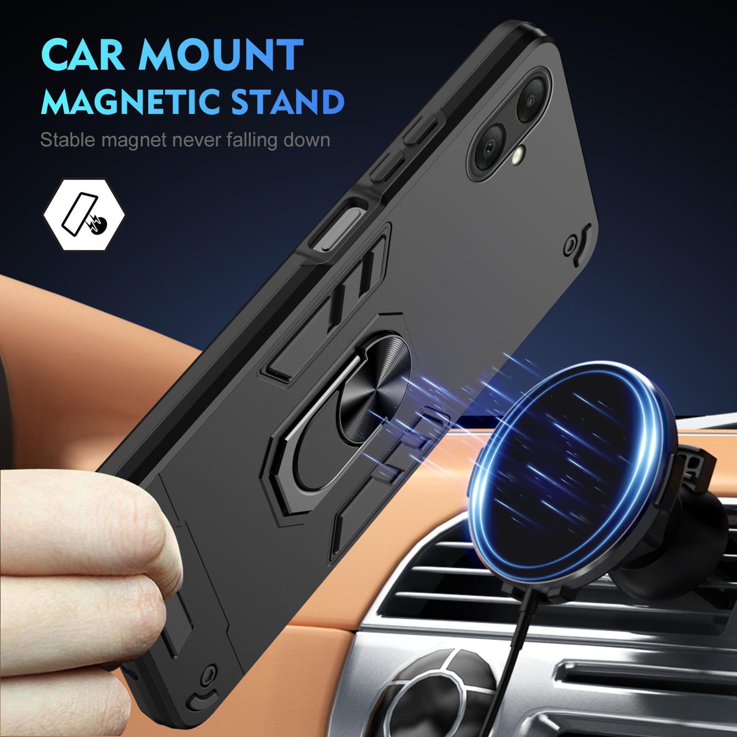 Samsung Galaxy A07 4G Shockproof Metal Ring Holder Phone Case with 360 degrees Rotating Kickstand, Ultra Slim Protective Cover, Raised Camera Guard, PC Silicone Armour Shell, Anti-Scratch Back & Edge Protection