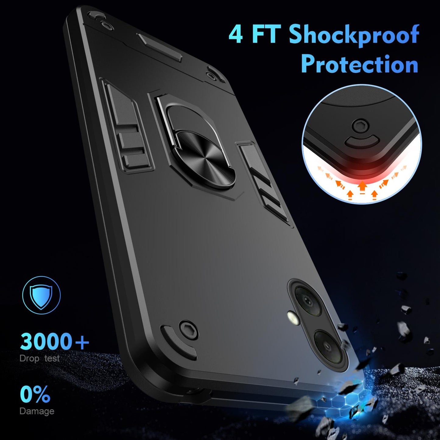 Samsung Galaxy A07 4G Shockproof Metal Ring Holder Phone Case with 360 degrees Rotating Kickstand, Ultra Slim Protective Cover, Raised Camera Guard, PC Silicone Armour Shell, Anti-Scratch Back & Edge Protection