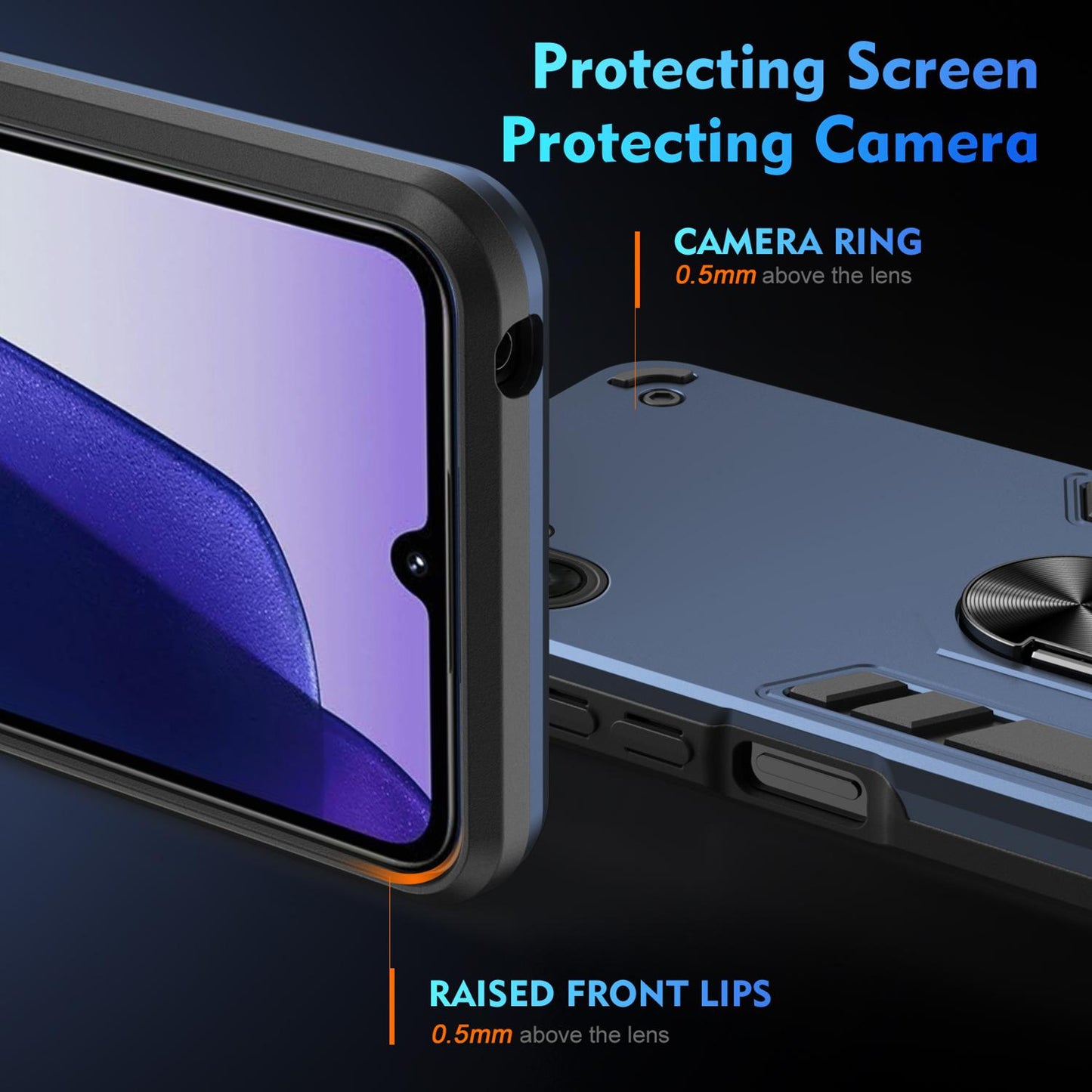 Samsung Galaxy A07 4G Shockproof Metal Ring Holder Phone Case with 360 degrees Rotating Kickstand, Ultra Slim Protective Cover, Raised Camera Guard, PC Silicone Armour Shell, Anti-Scratch Back & Edge Protection