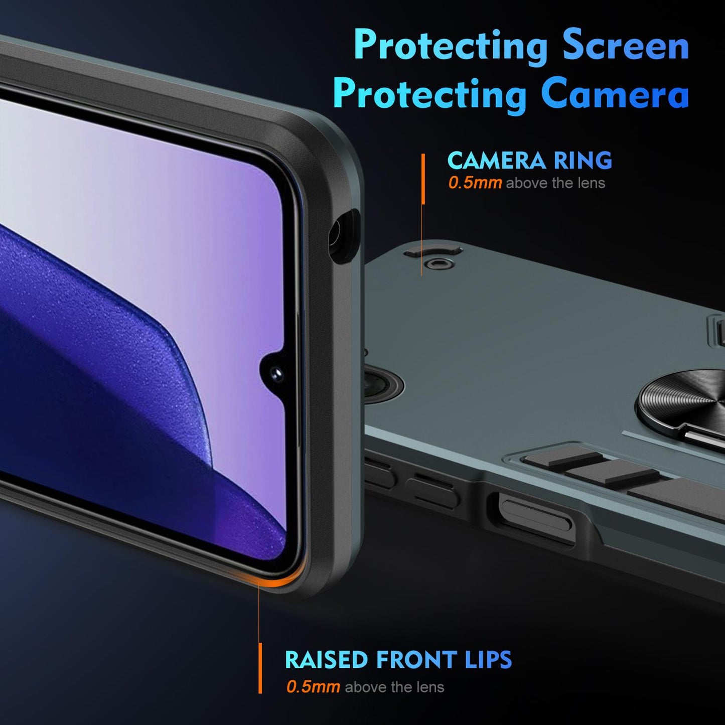 Samsung Galaxy A07 4G Shockproof Metal Ring Holder Phone Case with 360 degrees Rotating Kickstand, Ultra Slim Protective Cover, Raised Camera Guard, PC Silicone Armour Shell, Anti-Scratch Back & Edge Protection