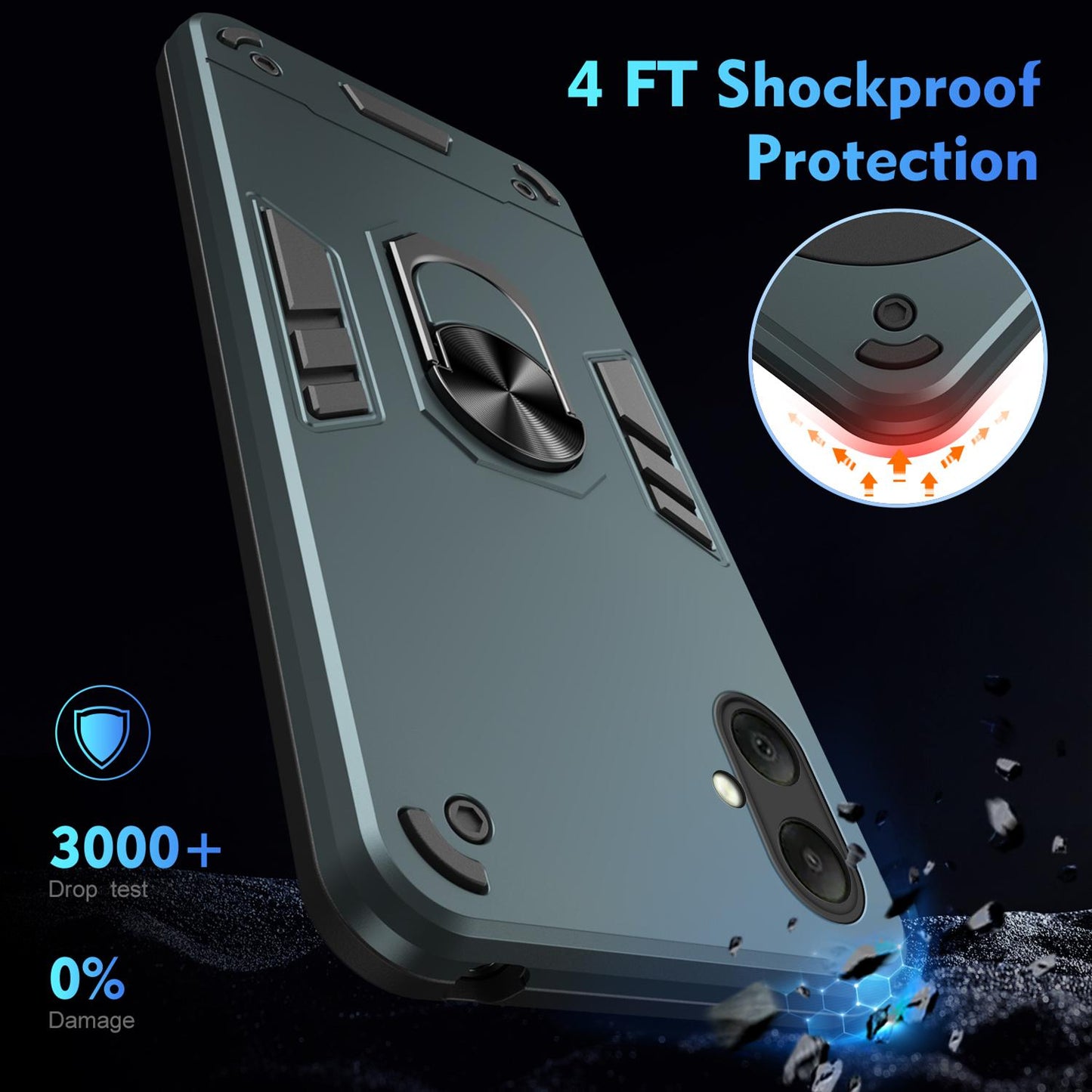 Samsung Galaxy A07 4G Shockproof Metal Ring Holder Phone Case with 360 degrees Rotating Kickstand, Ultra Slim Protective Cover, Raised Camera Guard, PC Silicone Armour Shell, Anti-Scratch Back & Edge Protection